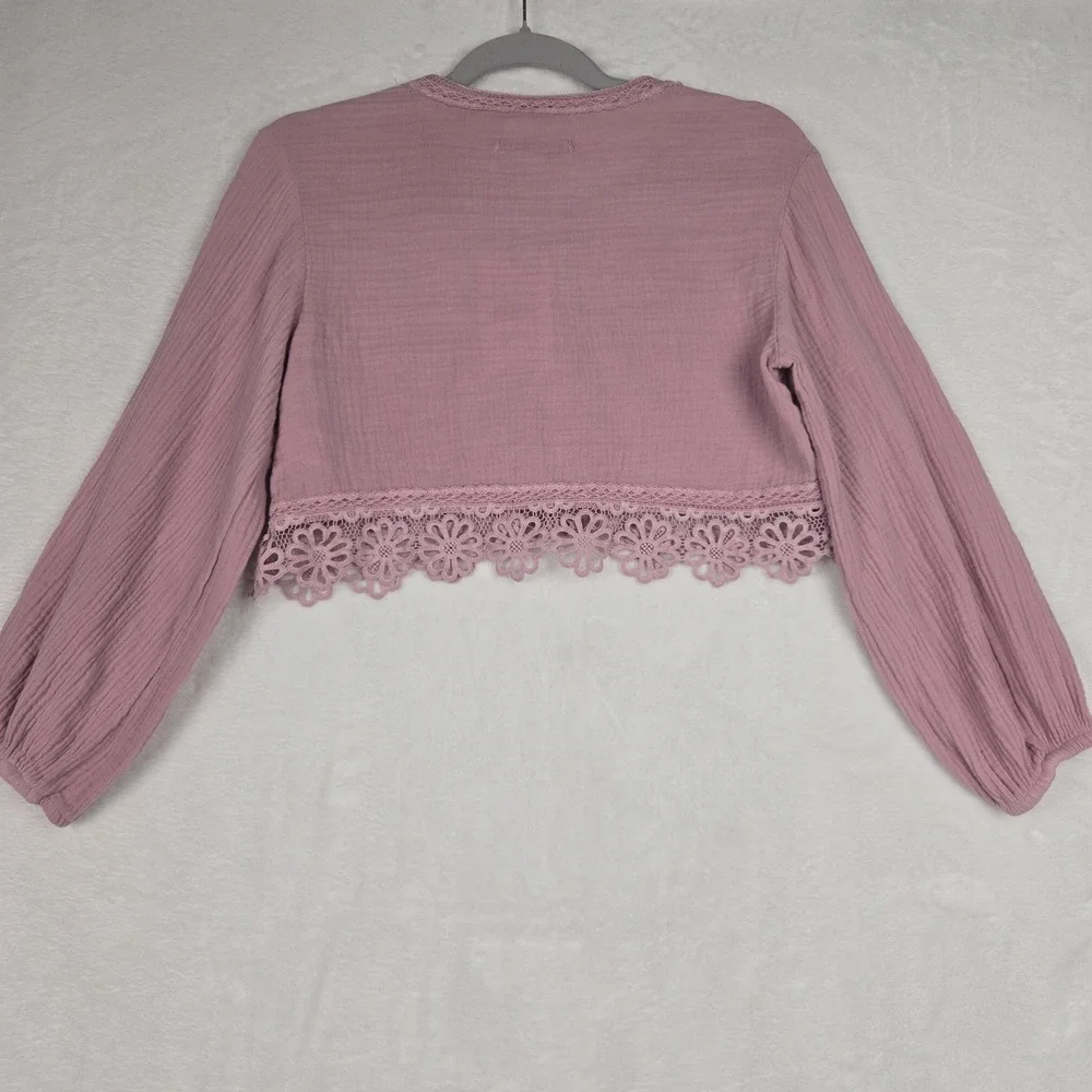 NWT Zara Womens Pink Lace Cropped Blouse Size‎ 10 Long Sleeve Cropped